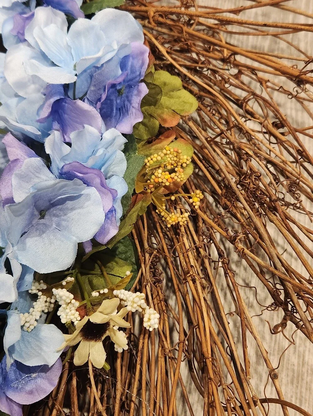 Handmade Summer Blue Hydrangea Grapevine Wreath Rustic Farmhouse Door Decor